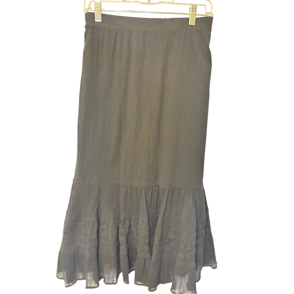 Black Lined Elastic Waist Maxi Skirt Embroidered Ruffle Hem Lrg